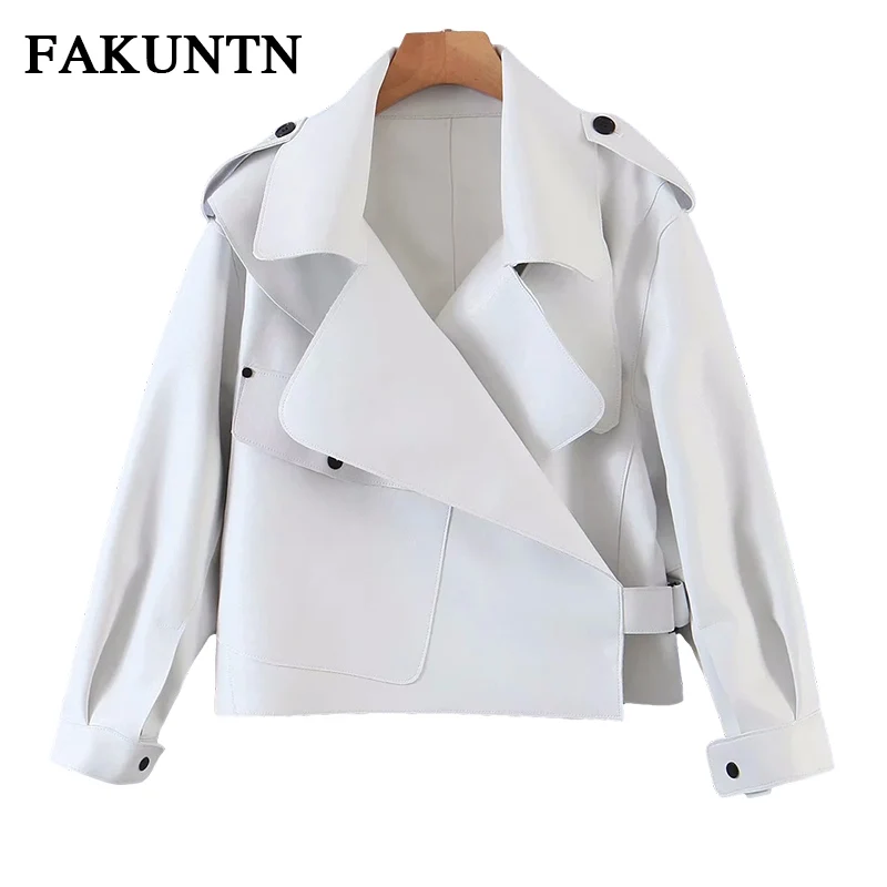 

FAKUNTN Leather Jacket Women 2021 Autumn Winter Female PU Leather Coat Pocket Lapel Fashion Motorcycle Biker Jacket Outerwear