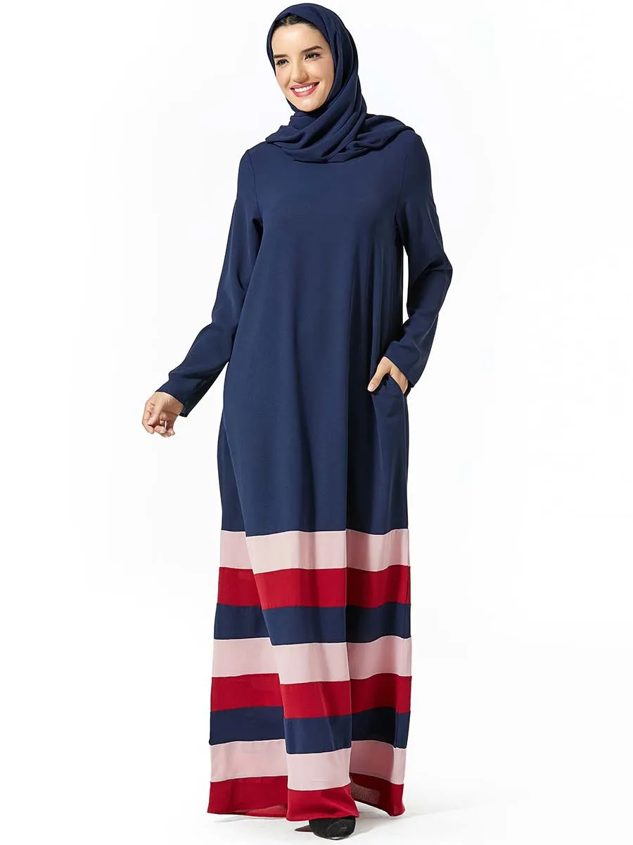 

Turkey Big Swing Maxi Hijab Dress Women Striped Muslim Dresses Pockets Vestidos Kaftan Abaya Dubai Sport Islamic Clothing Elbise