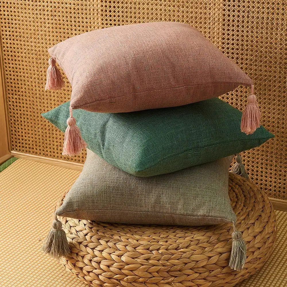 Home Simple Art Style Square Pillow Cushion Cover Without Core Home Decorative Pure Color Cotton Hemp Tassel Pillow Cover