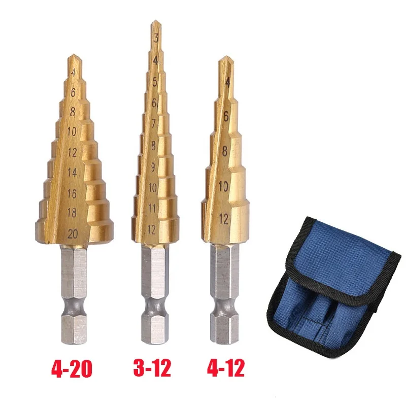 

3Pcs 3-12/4-12/4-20mm HSS Straight Groove Step Drill Bit Titanium Coated Wood Metal Hole Cutter Core Cone Drilling Tools Set
