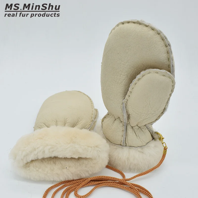 Ms. MinShu/Детские перчатки из овчины, меховые варежки, детские кожаные перчатки, Детские Зимние теплые перчатки из натуральной овчины, меховые перчатки
