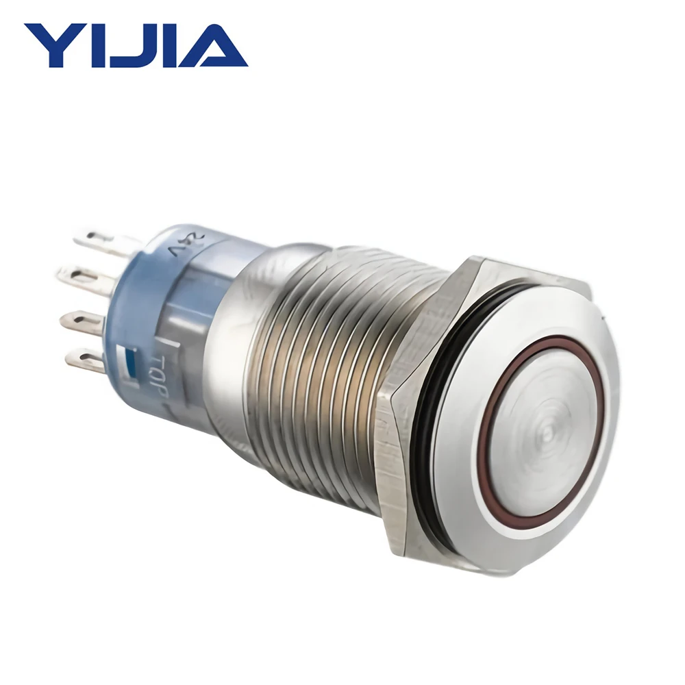 

10PCS 2NO2NC 16mm 0.63" Latching SS 24V Flat Push Button Switch with Ring Light GQ16F-22EZ/S