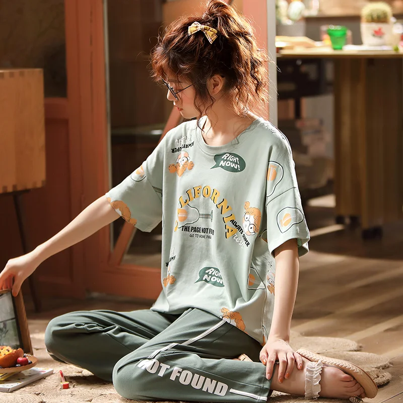 Женская пижама из 100% хлопка с коротким рукавом и круглым вырезом|Комплекты пижам|