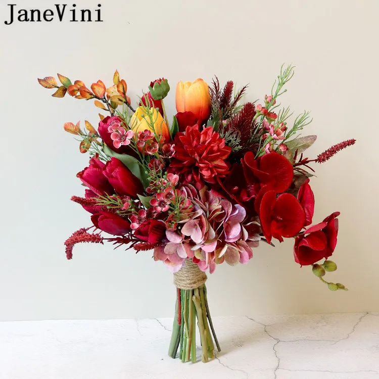 JaneVini 2021 Красные Свадебные цветы букет для невесты Ramo Flores искусственные орхидеи в