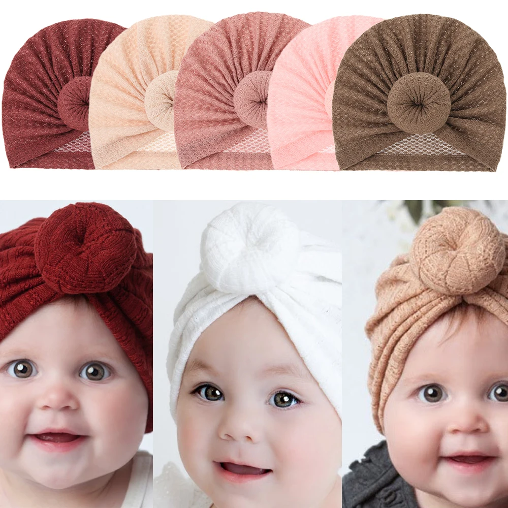 2Pcs/Lot Baby Turban Hat Donut Knot Newborn Baby Girls Headband Hats Waffle Knitted Kids Bonnet Cap Child India Beanies Headwear