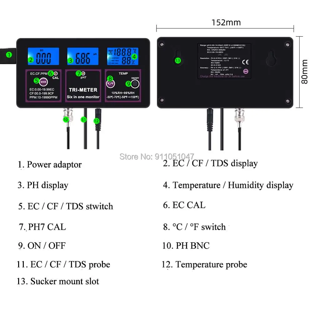 6 в 1 PH EC CF RH TDS измеритель температуры многопараметрический анализатор качества