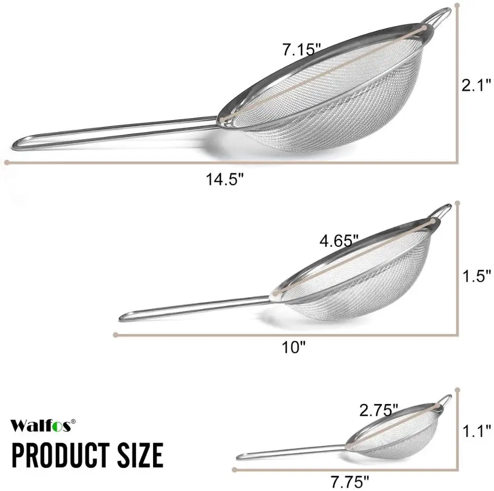 

Walfos Fine Mesh Strainers P remium Stainless Steel Colanders and Sifters with Reinforced Frame and Sturdy Handle Perfect