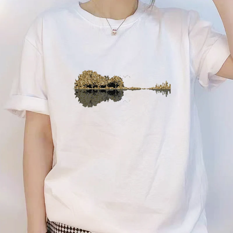 

Women 2021 Summer Short Sleeve Fashion Print Lady O Nec T-Shirts Top Black Ladies Reflection Guitar Womens Graphic Female Tee