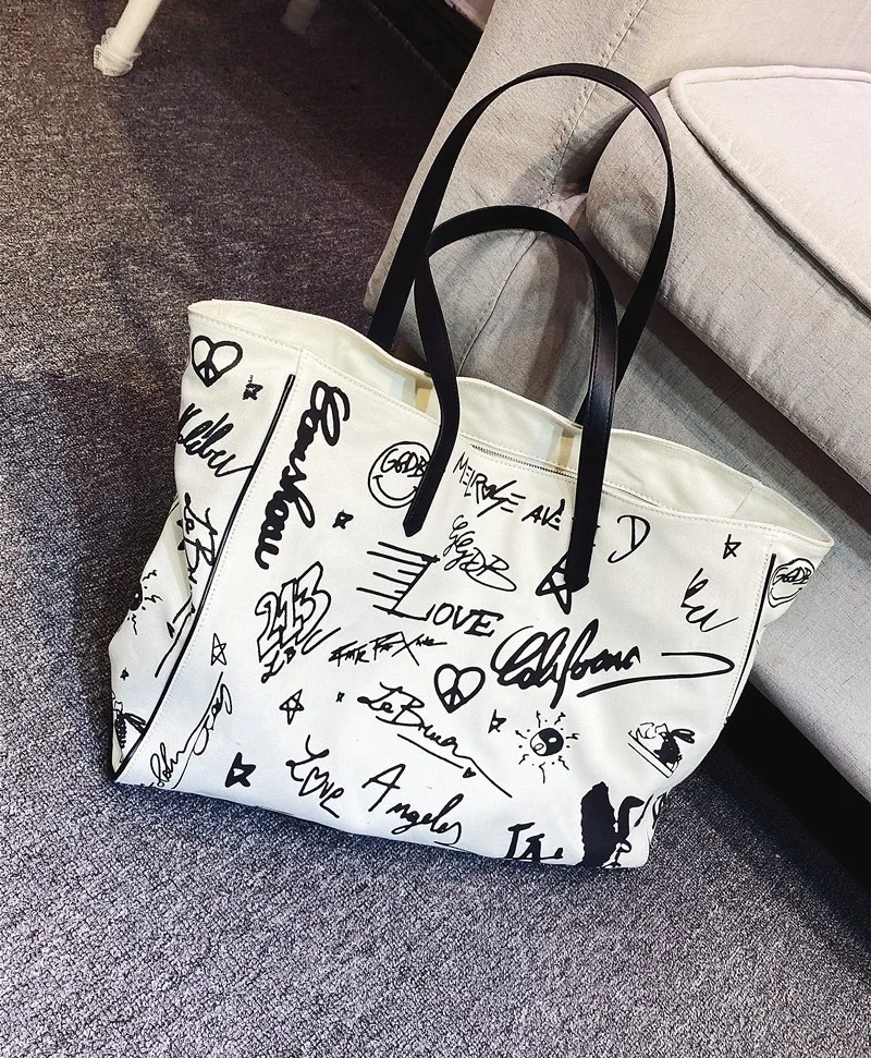 

Summer Large Capacity Graffiti Canvas Bag Women Portable Shopper Bag Fashion Casual Totes Shoulder Handbag Female Messenger Bag