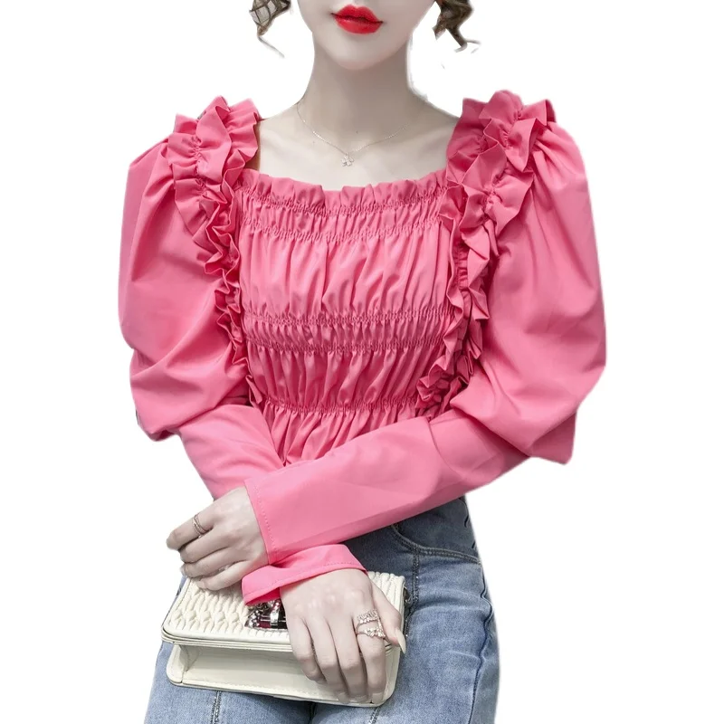 

Slim Crop Top Puff Sleeve Blusas Mujer De Moda Korean Clothes Spring Autumn Shirts Women's Clothing Korean New Fashion Brand