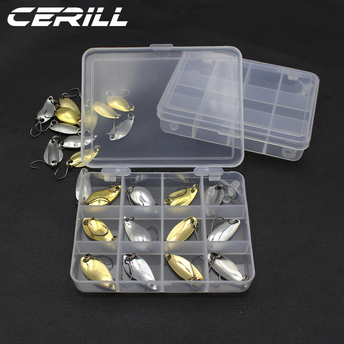Cerill 12 PCS Spoon Metal Fishing Lure Set Wobbler Spinner Bait With Hook Spinnerbait Kit Box Gold Silver Color | Спорт и