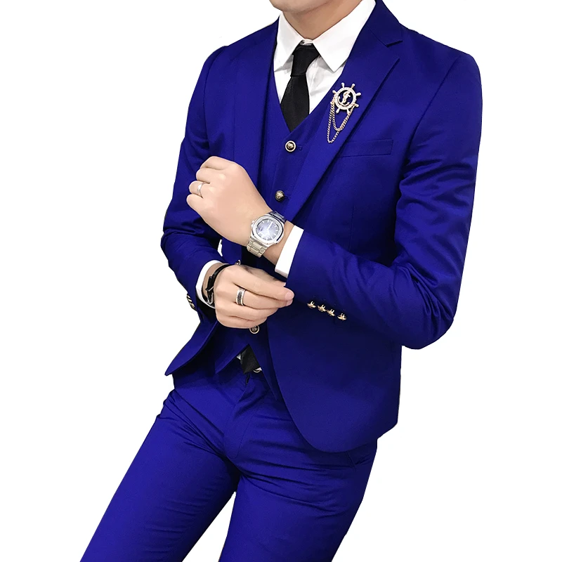 Мужской однотонный костюм из 3 предметов высококачественный Модный облегающий