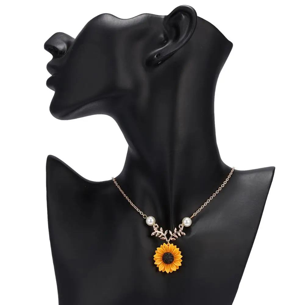 

Pearl Sunflower Sun Flower Leaf Pendant Necklace Rose Gold Silver color Vintage Women Clothes Sweater Necklace Accessories