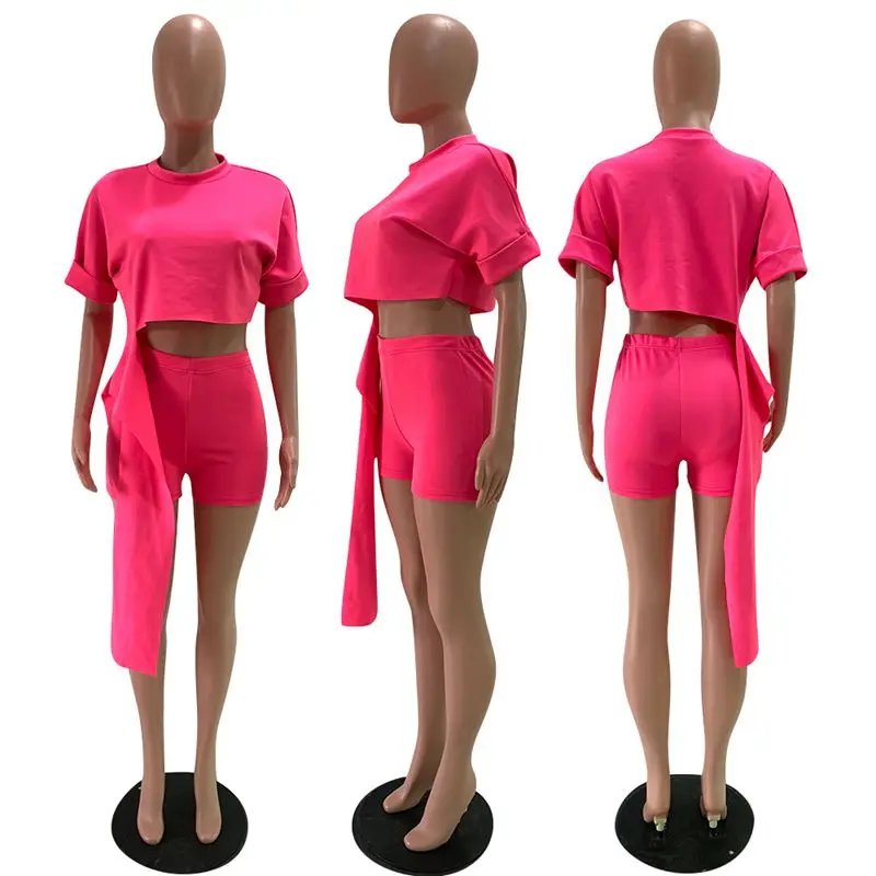 

ZKYZWX Sexy 2 Piece Set Women Tracksuit Summer Clothes Asymmetric Crop Top Biker Shorts Two Pcs Birthday Outfits Matching Sets