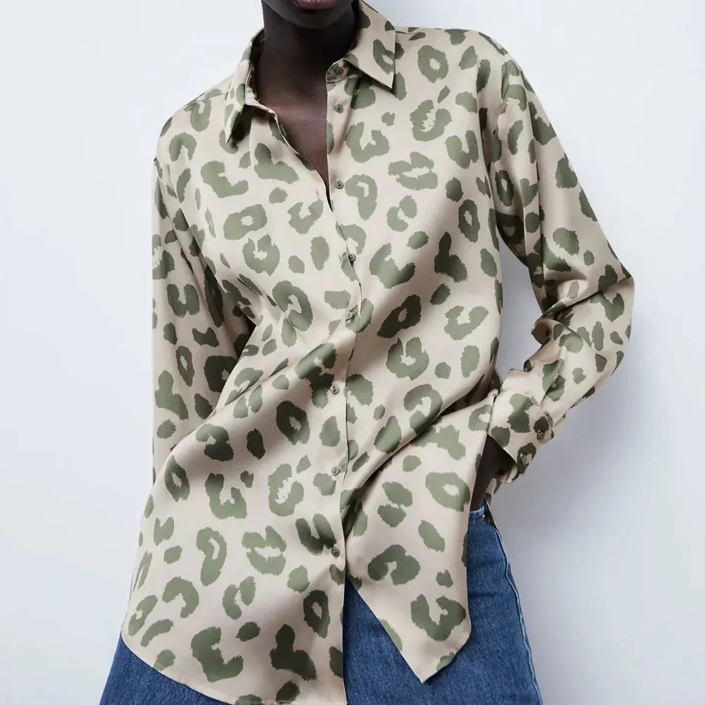

Spring Autumn New Animal Print Oversize Shirt 2020 Za Vintage Fashion Green Long Sleeve Turn Down Collar Satin Women Blouses