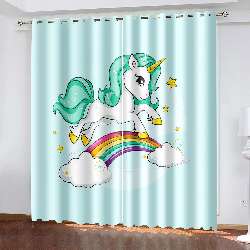 

Bedroom Blackout Curtain 3D Cartoon Rainbow Cute Unicorn Window Curtains Thermal Insulated Living Room Drapes カーテン Cortina