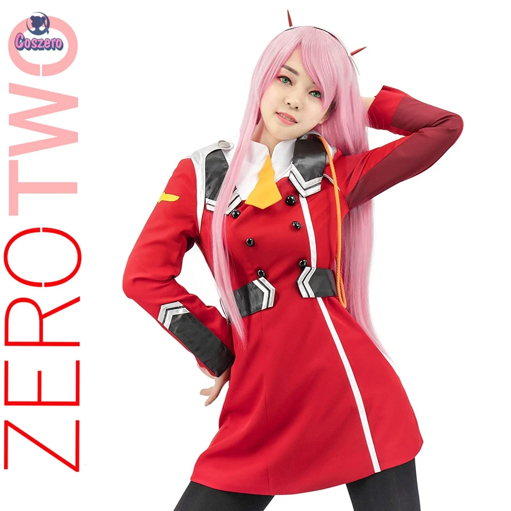 

Zero Two Cosplay DARLING in the FRANXX Cosplay Costume Uniform Full Sets Red Dress Wig Headband Stockings