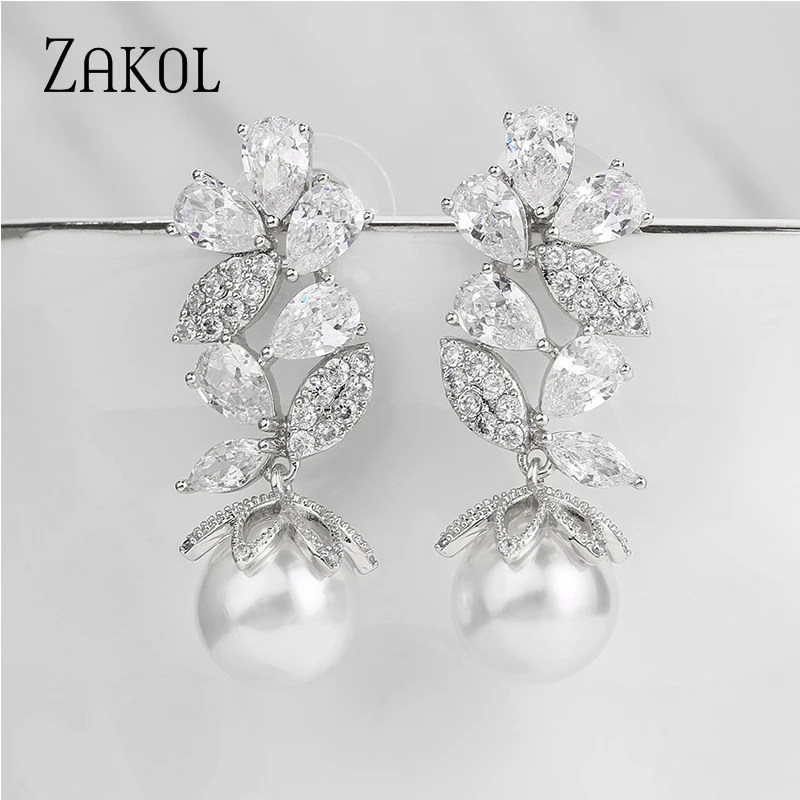 ZAKOL новые дизайнерские серьги в форме листа с кубическим цирконием и жемчугом для