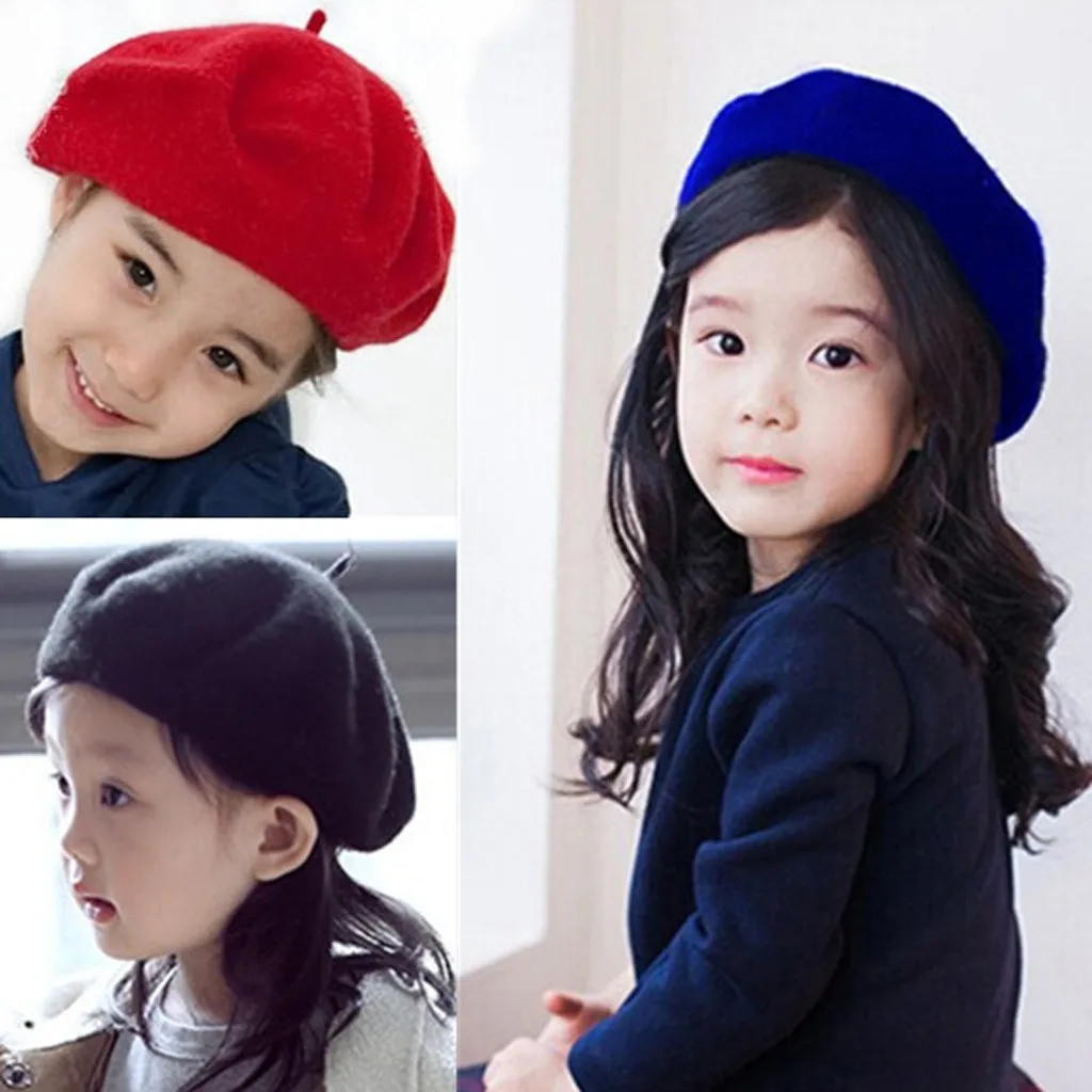 Children Winter Hat Girls Stretch Beret Retro Wool Pure Color Head Scarf Wrap Cap 2-7 Years Kids Fashion C800# | Детская одежда и