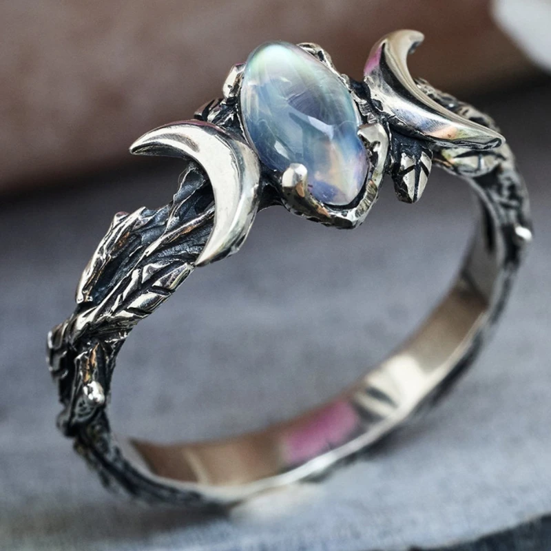 

Vintage Bohemian Ethnic Moonstone Rings for Women Female Retro Crescent Ring Engagement Wedding Boho Jewelry Gifts for her