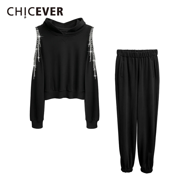 

CHICEVER Casual Two Piece Set For Women Hooded Collar Long Sleeve Hole Diamond Top High Waist Pant Female Solid Sets 2021 Autumn