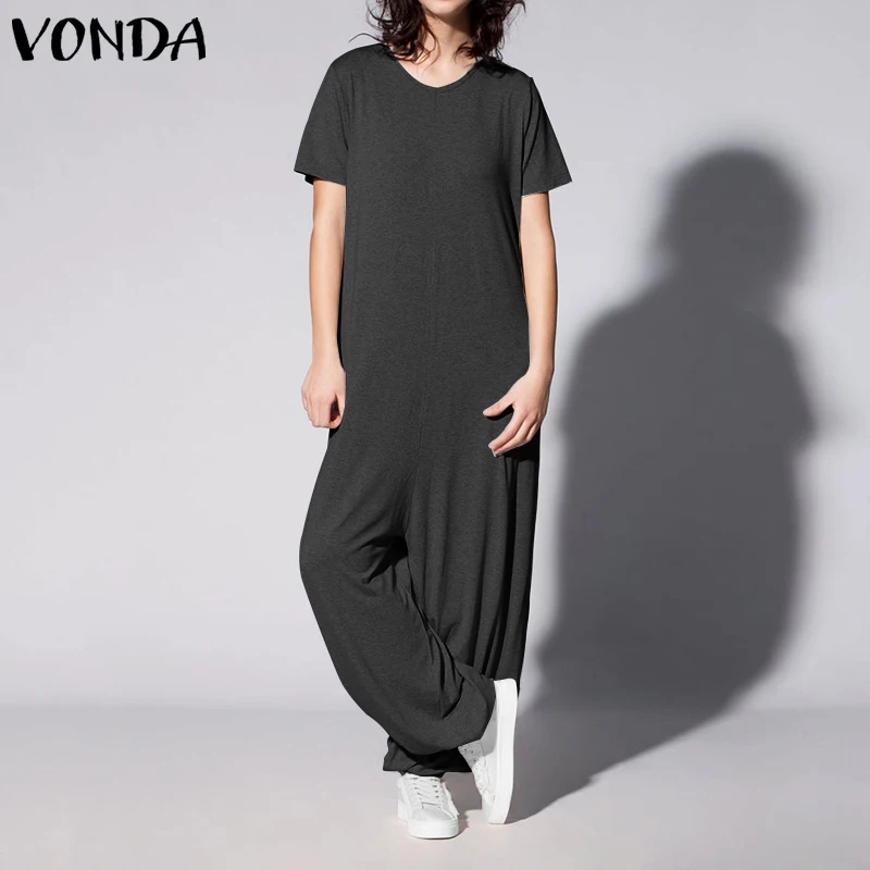 Повседневные Костюмы, женские комбинезоны VONDA, винтажные комбинезоны пляжного типа с короткими рукавами, женские офисные комбинезоны большого размера, свободные штаны