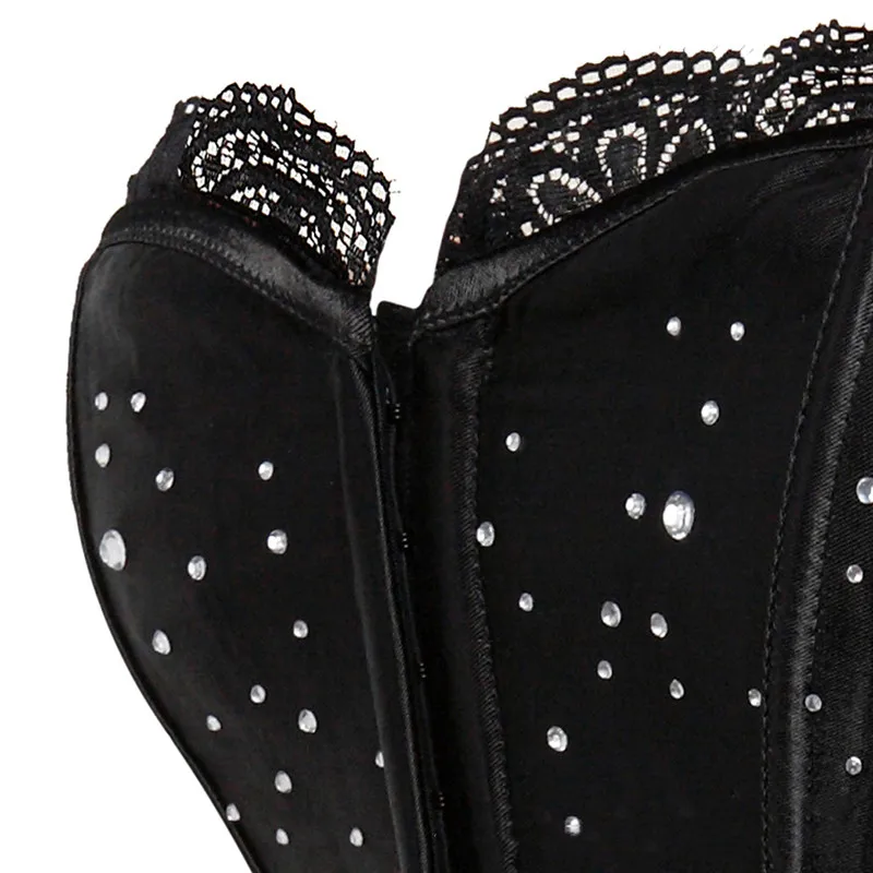 Размера плюс Corpete женские корсеты Стразы атласный черный корсет Топ Бюстье