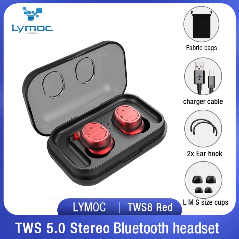LYMOC TWS8 Bluetooth наушники 5,0 TWS беспроводные наушники мини наушники HiFi Звук Спорт водонепроницаемый HD микрофон громкой связи для всех телефонов - Цвет: Red fabric bag