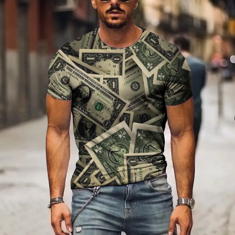 Модная спортивная мужская футболка $ 3D 2021, Забавный дизайн доллара, топы с круглым вырезом и коротким рукавом, летняя новая модель большого размера 6XL со стразами