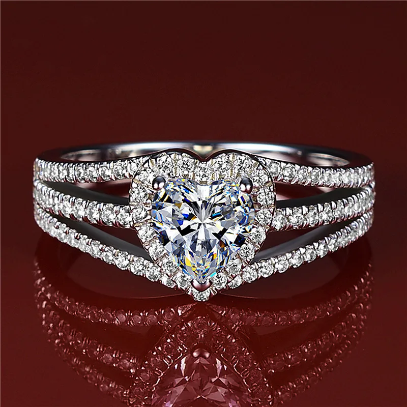 

Trendy Female Crystal Love Heart Ring Charm Silver Color Thin Wedding Rings For Women Luxury Bride White Zircon Engagement Ring