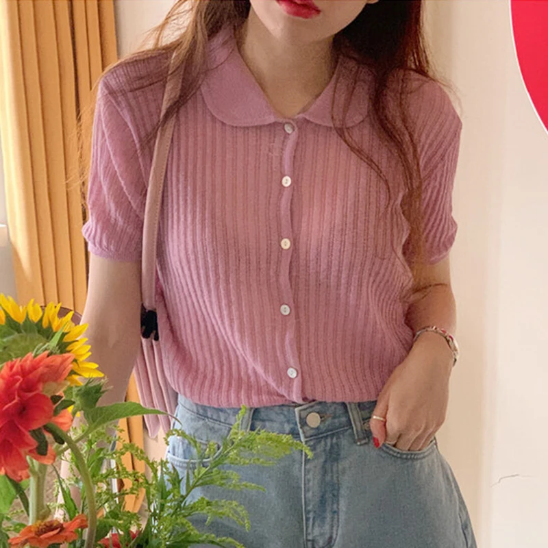 

2021 Summer New Style Fashion Blouse Female Age Reduction Doll Collar Single Breasted Blusa Loose Short-sleeved Sweater KK219