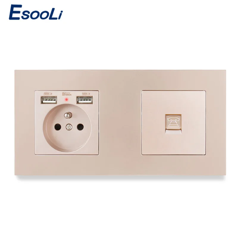 ESOOLI French Standard Electric Socket with 2 USB Charge Port +1 Gang RJ11 Telephone Connector PC Plastic Panel 172*86mm | Обустройство