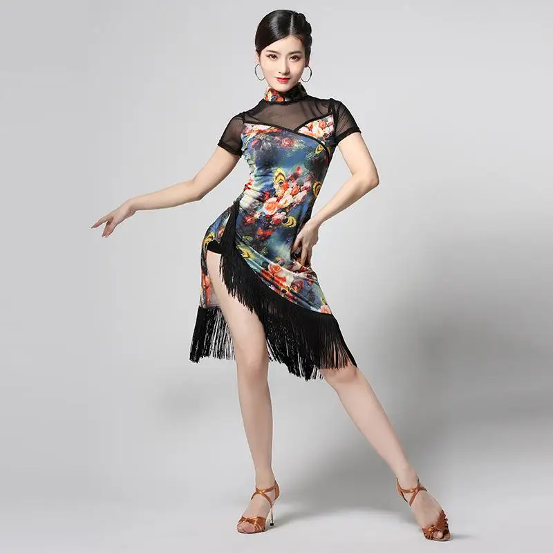 

New Adult Latin Dance Dress Retro Practice Costume Split Tassel Dress Cheongsam Rumba Samba Tango Cha Cha Salsa Foxtrot Dance