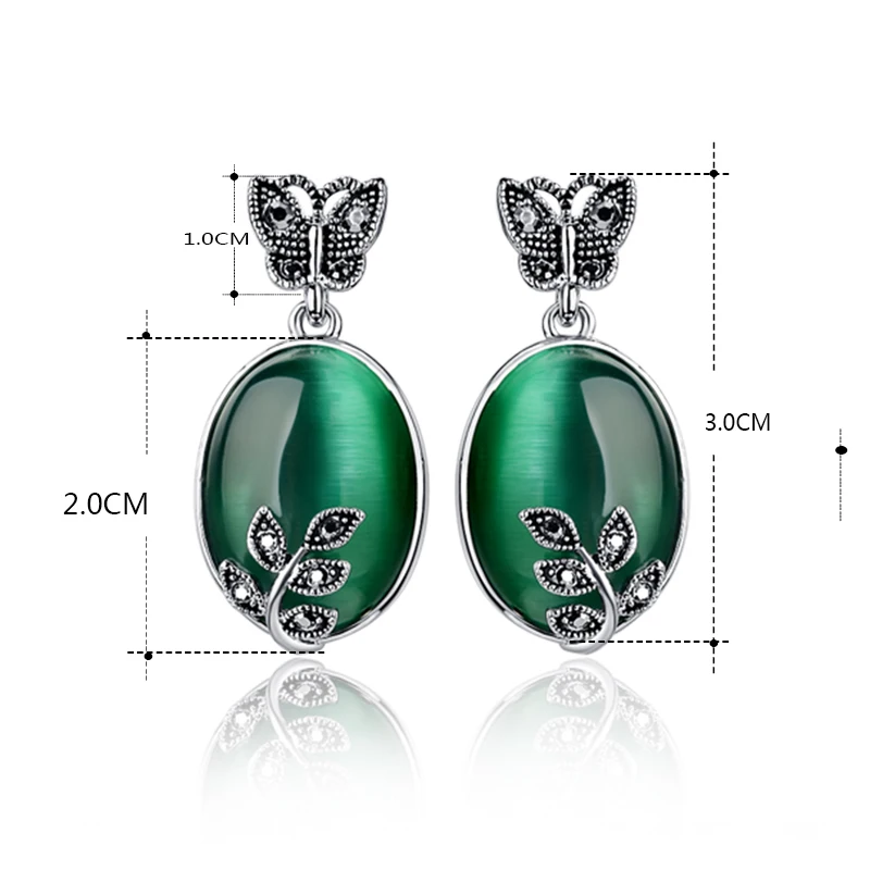 Серьги с Зелёным Камнем Большой Натуральный Опал Бабочки Винтажные Ретро Тёмный