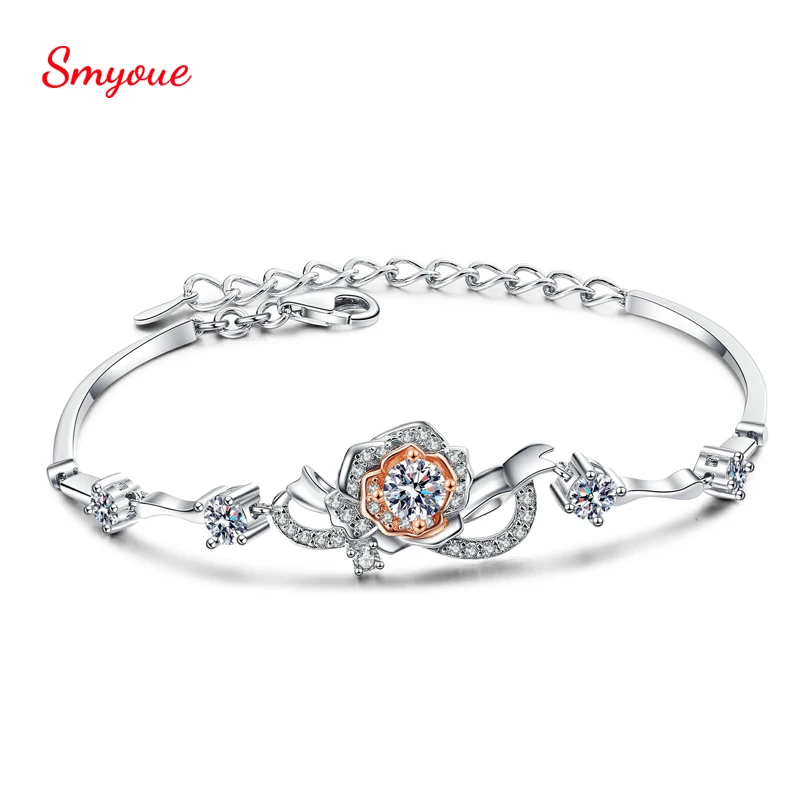 

Smyoue 100 925 Sterling Silver Bracelet For Women VVS1 Total 1.4 Carat Moissanite Diamond Rose Flower High Quality Jewelry Gift