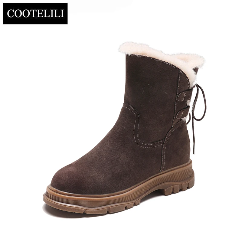 COOTELILIl Ankle Boots Women Winter Warm Plush Fur Snow Female Platform Ladies Shoes Lace up Solid Feminina | Обувь
