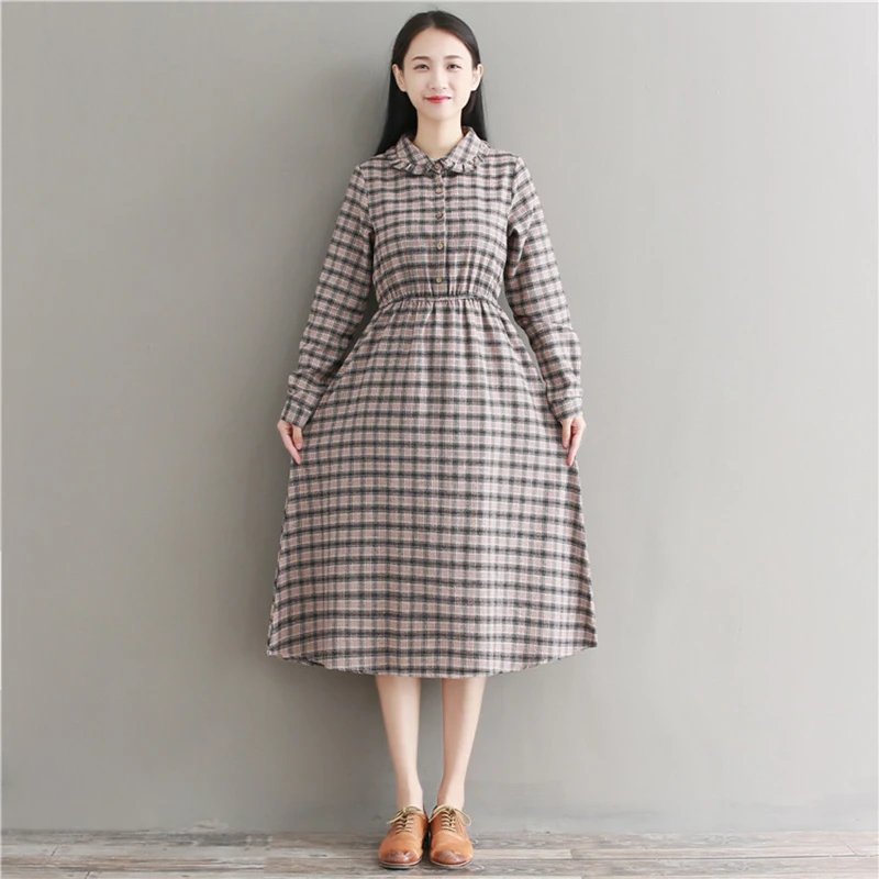 Осеннее женское платье с длинным рукавом винтажное хлопковое и льняное в клетку