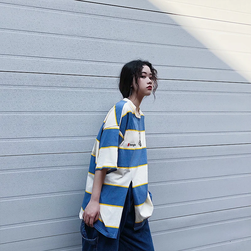 Женские футболки большого размера женские летние полосатые топы BF для студентов