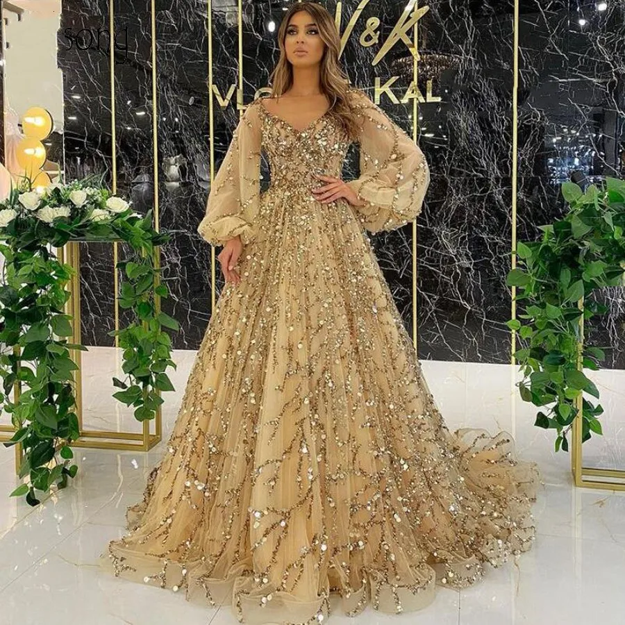 

Gorgeous Dubai Evening Dresses Sequin Beads Gold Puff Sleeves Sequin Mesh Formal Evening Dress Vestidos De Fiesta Saudi Arabic