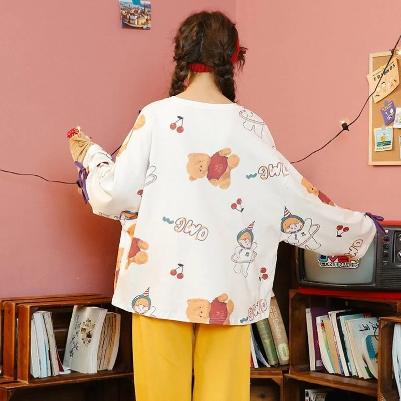 Women's Pajamas Set Spring Loose Cute Ins Tide Long-sleeved Large Size Can Be Worn Outside Home Service Suit Pijama Women Cotton