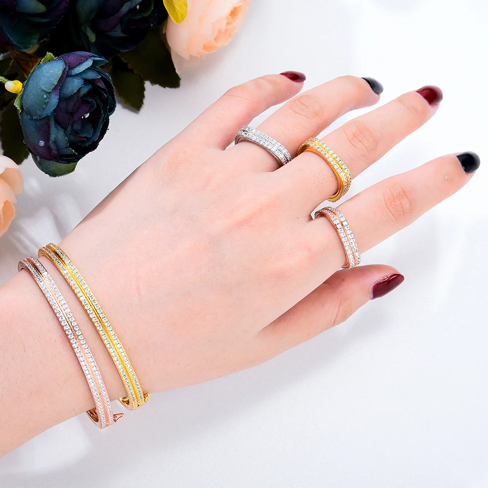 

Siscathy Korean Fashion Bangle Rings Jewelry Set For Women Female Bracelet Trend Luxury Micro Zirconia Finger Hoop Accessories