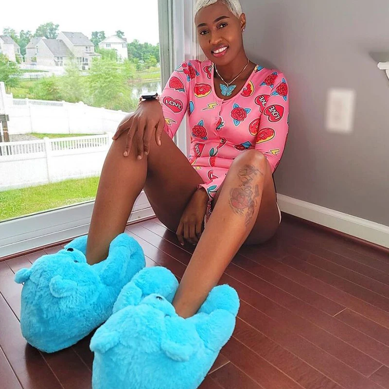 

Женские Симпатичные плюшевые шлепанцы, теплые хлопковые тапки в спальню, блестящие цвета, мишка, сланцы