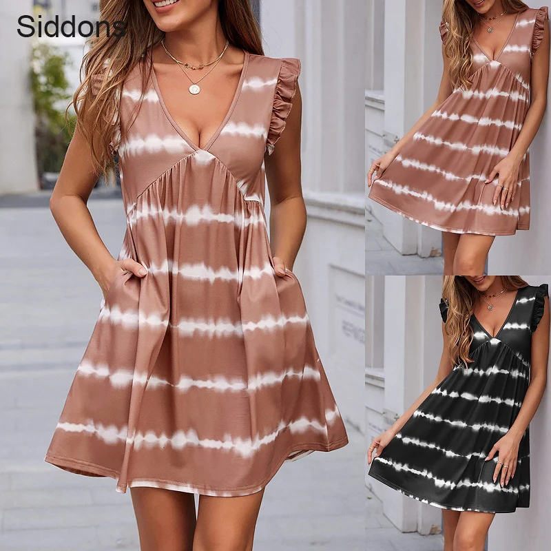 

Siddns 2021 Summer Women's Striped Dress Sleeveless Ruffle Sleeve V-neck Dress Spring Summer Street Sexy Casual Slim Vestido