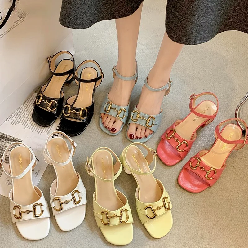

Sandals Women Summer New Fashion Women's Sandals 2021 Strap Buckle Sandals Square Toe Chunky Heels Summer ShoesCandy Color