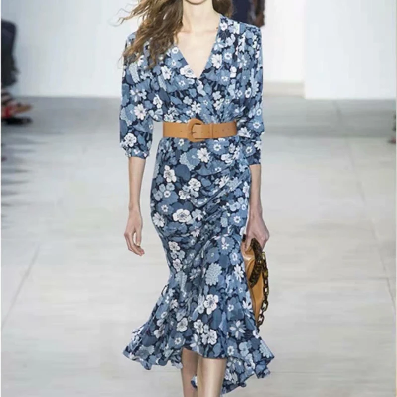 

2021 Spring Runway New Style Sexy V-Neck Bohemian Vintage Print Belt Slim Fishtail Dress High-Quality Women'S Temperament