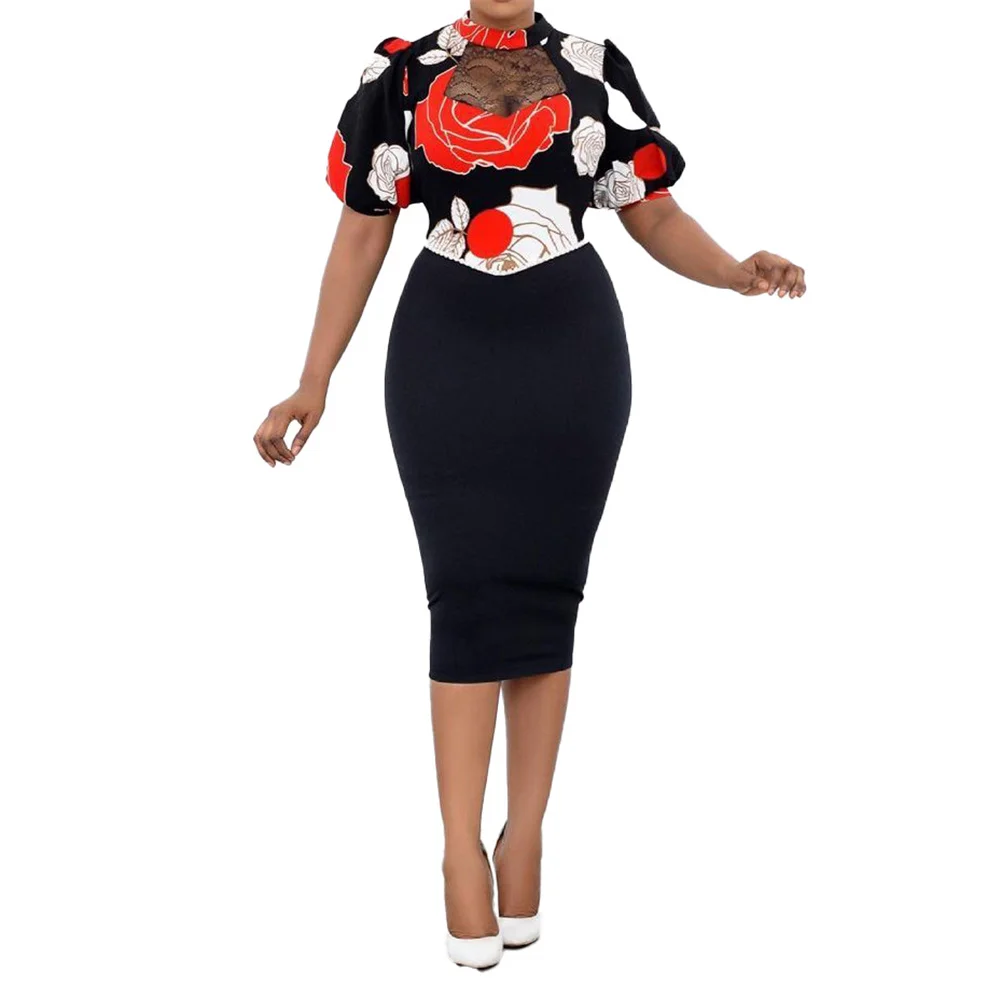 

SSEURAT Women Printed Dresses Lace Patchwork Short Lantern Sleeves Package Hips Vintage Elegant Office Ladies Robes Vestidos