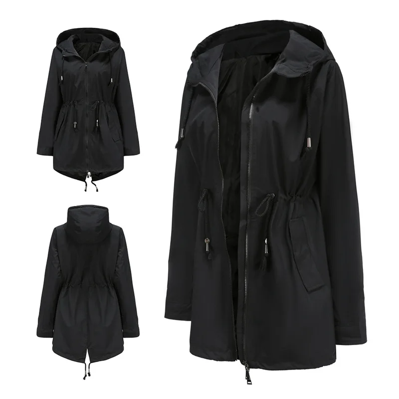 

Waterproof Long Trench Coat for Women Black Yellow Hooded Windbreaker Classic Female Slim Waist Outwear Korean Peplum Clothes