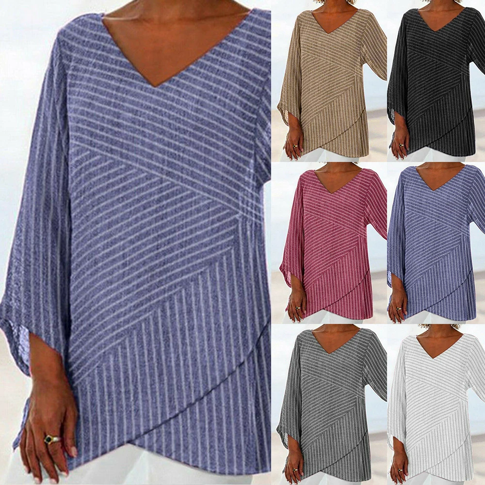 Женская полосатая блузка с длинным рукавом льняная мешковатая летняя модная