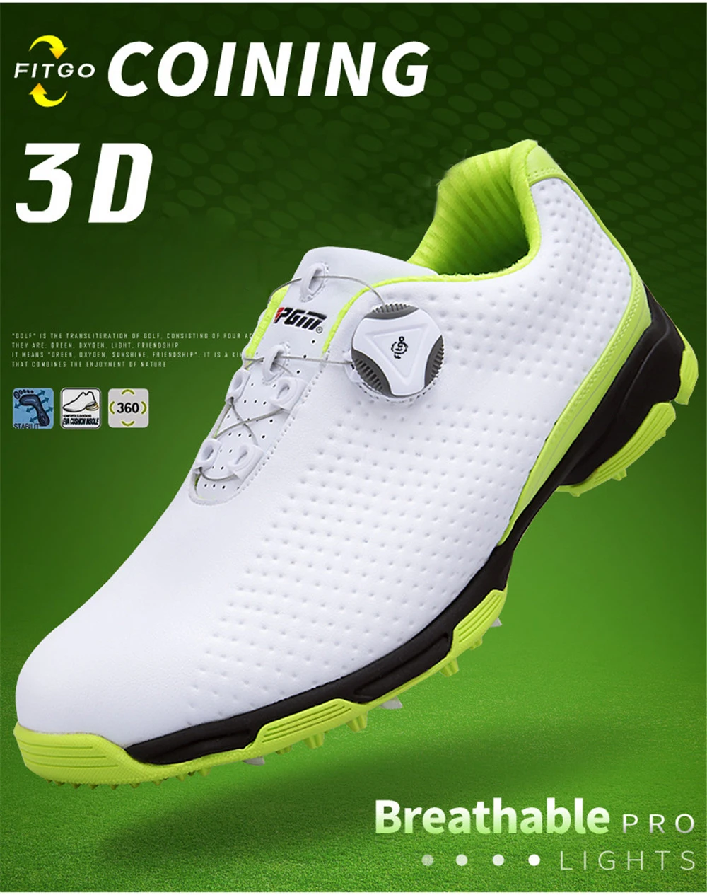 PGM Golf Shoes Men’S Casual Sports Models Fixed Nail Waterproof Breathable Sneakers Breathable Rubber Midsole White/Green