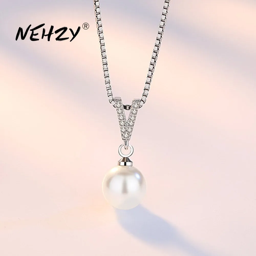 

NEHZY S925 штамп серебряные новые женские модные ювелирные изделия Высокое качество Кристалл Цирконий Жемчуг V-образный кулон ожерелье длина 45 ...